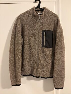 Reiss Taupe Sherpa Zip-Up Jacket with Black Chest Pocket